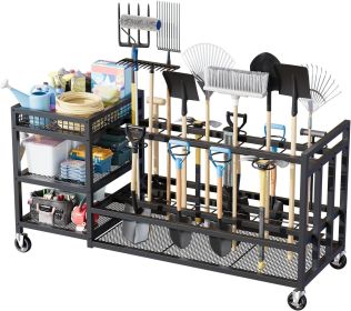 Garden Tool Organizer with Wheels-Movable Garden Tool Rack with Storage Hooks for Long-Handled Tools/Rakes/Brooms/Shovels