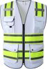 9 Pockets High Visibility Zipper Front Safety Vest | White with Dual Tone High Reflective Strips | Meets ANSI/ISEA Standards (901-White, Large)