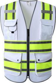 9 Pockets High Visibility Zipper Front Safety Vest | White with Dual Tone High Reflective Strips | Meets ANSI/ISEA Standards (901-White, Large)