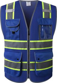 9 Pockets High Visibility Zipper Front MESH Blue Safety Vest | Blue with Dual Tone High Reflective Strips | ANSI/ISEA Standards (100-Blue, L)