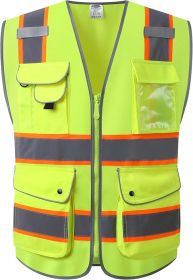9 Pockets Hi-Vis Neon Yellow Color Zipper Front Safety Vest with Fluorescent Orange Extend Edge outlining the Reflective Tapes Meet ANSI/ISEA Class 2