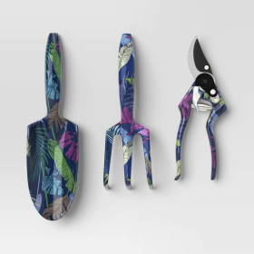 3-Piece Gardening Tool Set â€“ Dark Palm Banana Tropical Blue â€“ Includes Spade, Cultivator & Bypass Pruner