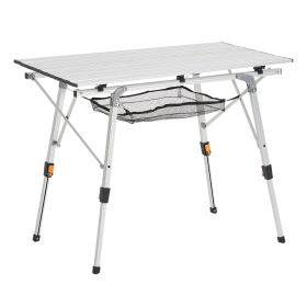 Folding Camping Table, Portable Roll Up Side Tables, Lightweight Aluminum Beach Table with Adjustable Height, Top Mesh Layer and Carry Bag