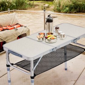 Portable Adjustable Height Folding Table with Mesh Storage Shelf â€“ Lightweight Aluminum Camping Table, 3 Height Settings