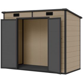 8' x 4' Plastic Outdoor Storage Shed with Floor, Window, Lockable Doors and Vents for Backyard Patio Lawn, Light Brown