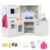 Interactive Kids Play Kitchen with Ice Maker & Chalkboard, Corner Design Pretend Cooking Set with Realistic Sound Effects-White