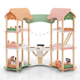 3-Tier Dollhouse with 7 Rooms & 31 Cute Furniture, MDF+Pine Wood Corner Design Kids Toy