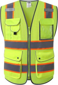 9 Pockets Hi-Vis Neon Yellow Zipper Front MESH Safety Vest with Fluorescent Orange Extend Edge outlining the Reflective Tapes Meet ANSI/ISEA Class 2 S