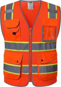 9 Pockets Hi-Vis Reflective Safety Vest | Mesh Fabric | Fluorescent Orange Color with Neon Yellow Extended Trims | ANSI/ISEA Compliance (100-Orange
