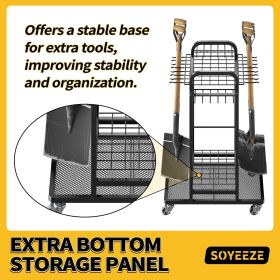 Garden Tool Organizer with Lockable Wheels, Heavy Duty 3-Tier Yard Tower Tool Rack for Garage, Holds Up to 35 Long-Handled Tools