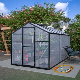 6' x 12' Thicked Polycarbonate Greenhouse, Greenhouse with Double Flush Door, Rain Gutter and Ventilation Window, Green House for Sunroom, Garden