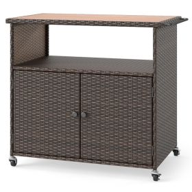 Outdoor Storage Cabinet with Acacia Wood Top and Lockable Wheels