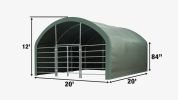20' x 20' Livestock Corral Shelter, Powder Coated Structure, 12' Dome Roof, 17 oz Military Green PVC Fabric Covering, 6-Bar Corral Panels