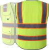 9 Pockets Hi-Vis Neon Yellow Zipper Front MESH Safety Vest with Fluorescent Orange Extend Edge outlining the Reflective Tapes Meet ANSI/ISEA Class 2 S