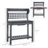 Potting Bench Outdoor, Wooden Workstation with Expandable Sliding Tabletop, Storage Shelf and Dry Sink, Indoor and Outdoor, Gray