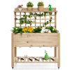 Wooden Raised Garden Bed with Wheels Trellis and Storage Shelf