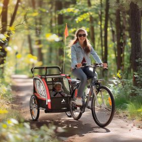 2-in-1 Red Child Bike Trailer & Baby Stroller, Enhanced Safety Features, Brake, Flag, Reflectors, Storage (Color: General)