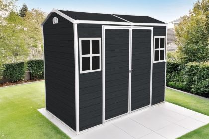 8x4ft Outdoor Resin Garden Shed with Floor and 2 Windows, Plastic Patio Outdoor Storage Shed with Lockable Door for Garden Tools, Bicycles, Trash Cans (Color: AS PIC)